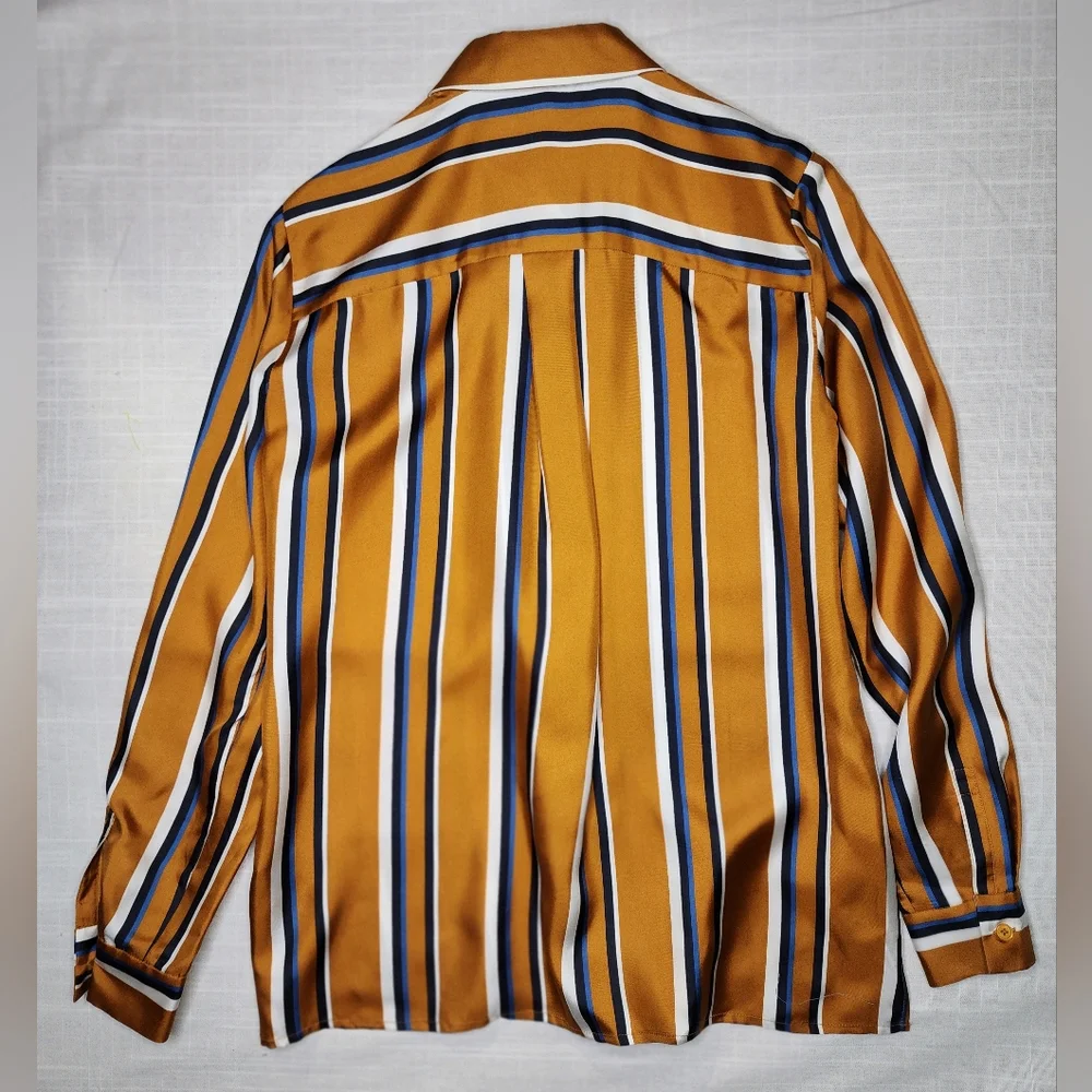 Lafayette 148 New York Womens  Adela Silk Blouse, Gold/White/Blue - Picture 10 of 10